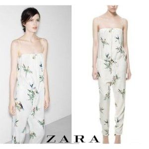 Zara Trafaluc Cream Bird and Flower Print Jumpsuit - Medium